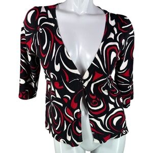 Style & Co. Black, Red & White Swirl Print Silk Blend Cardigan 3/4 Sleeve Medium